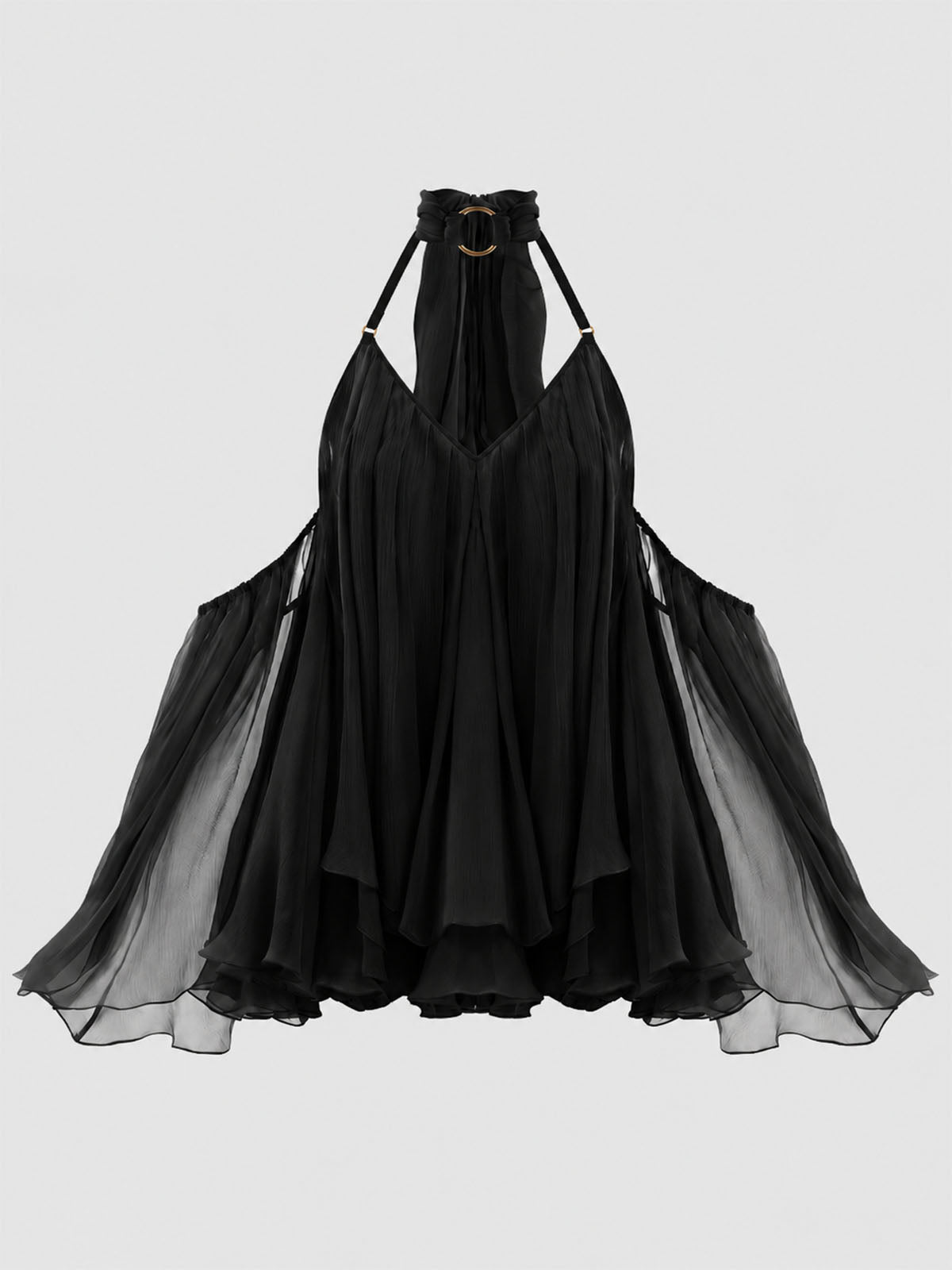 Flowy Choker Halter Cold Shoulder Chiffon A Line Mini Dress - Black