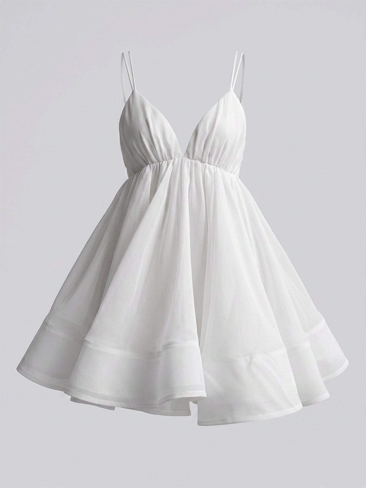 Flowy Deep V Lace Up Backless Babydoll Flared Mini Dress - White
