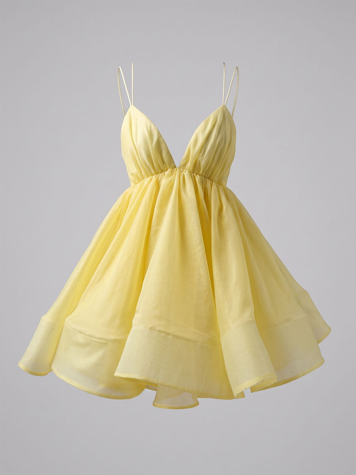 Flowy Deep V Lace Up Backless Babydoll Flared Mini Dress - Yellow