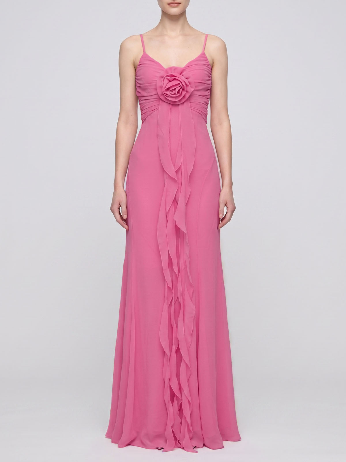 Flowy Deep V Ruched Chiffon Ruffle Flower Maxi Formal Sundress - Pink