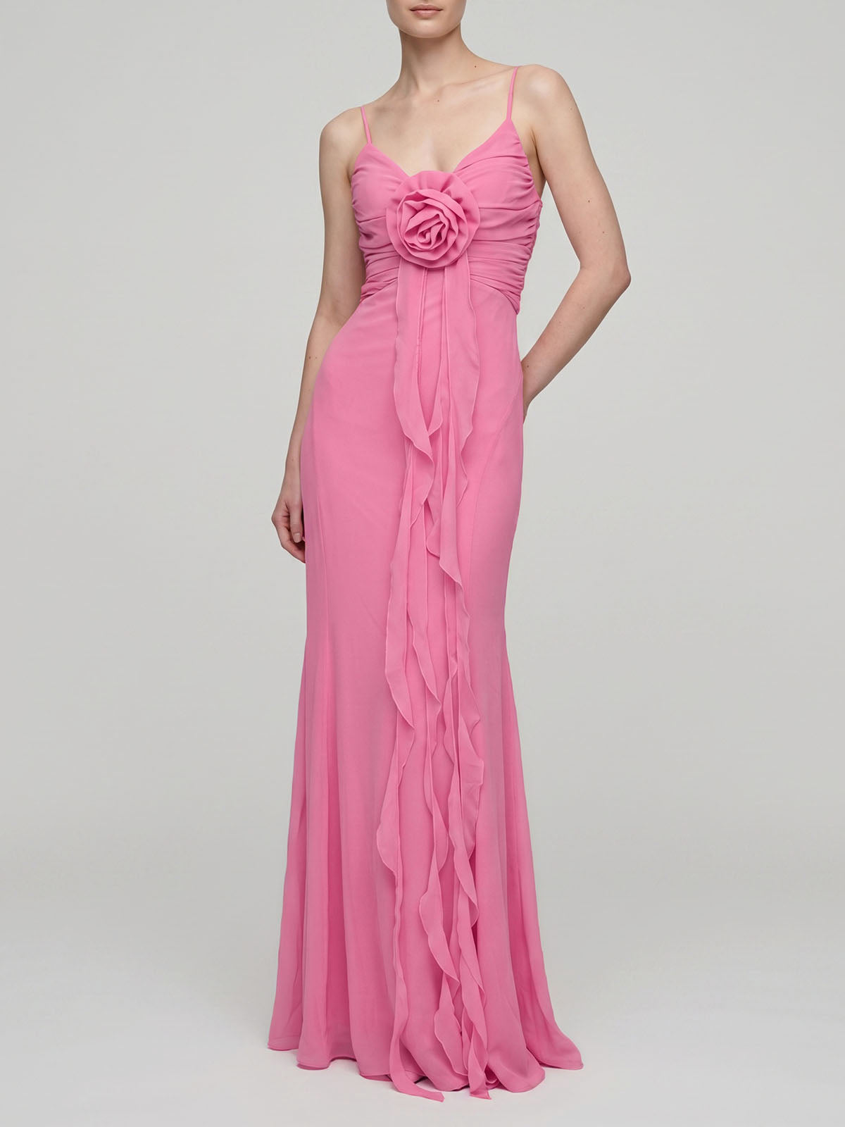Flowy Deep V Ruched Chiffon Ruffle Flower Maxi Formal Sundress - Pink