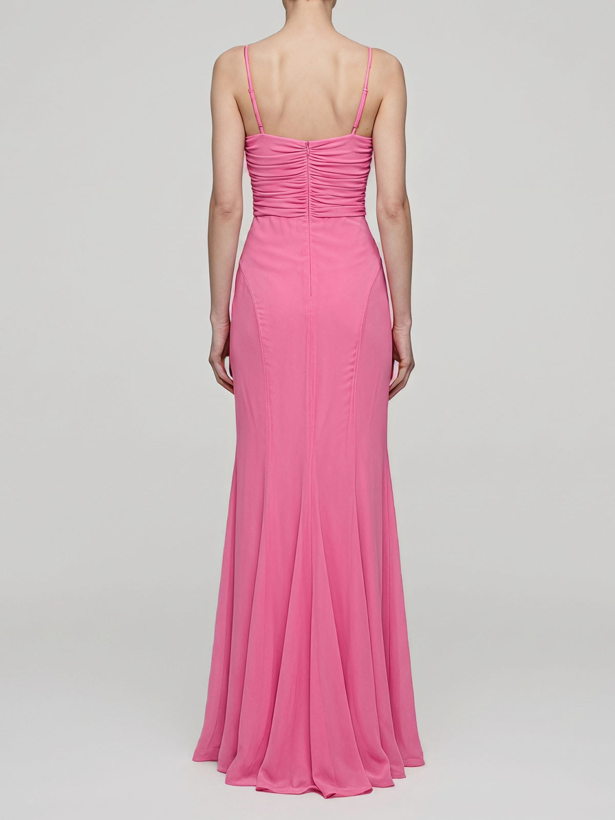 Flowy Deep V Ruched Chiffon Ruffle Flower Maxi Formal Sundress - Pink