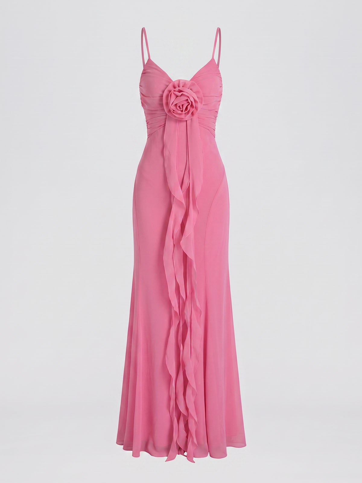 Flowy Deep V Ruched Chiffon Ruffle Flower Maxi Formal Sundress - Pink