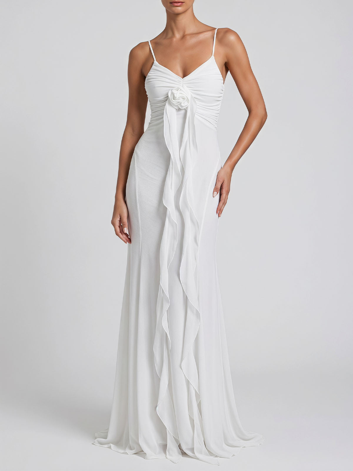 Flowy Deep V Ruched Chiffon Ruffle Flower Maxi Formal Sundress - White