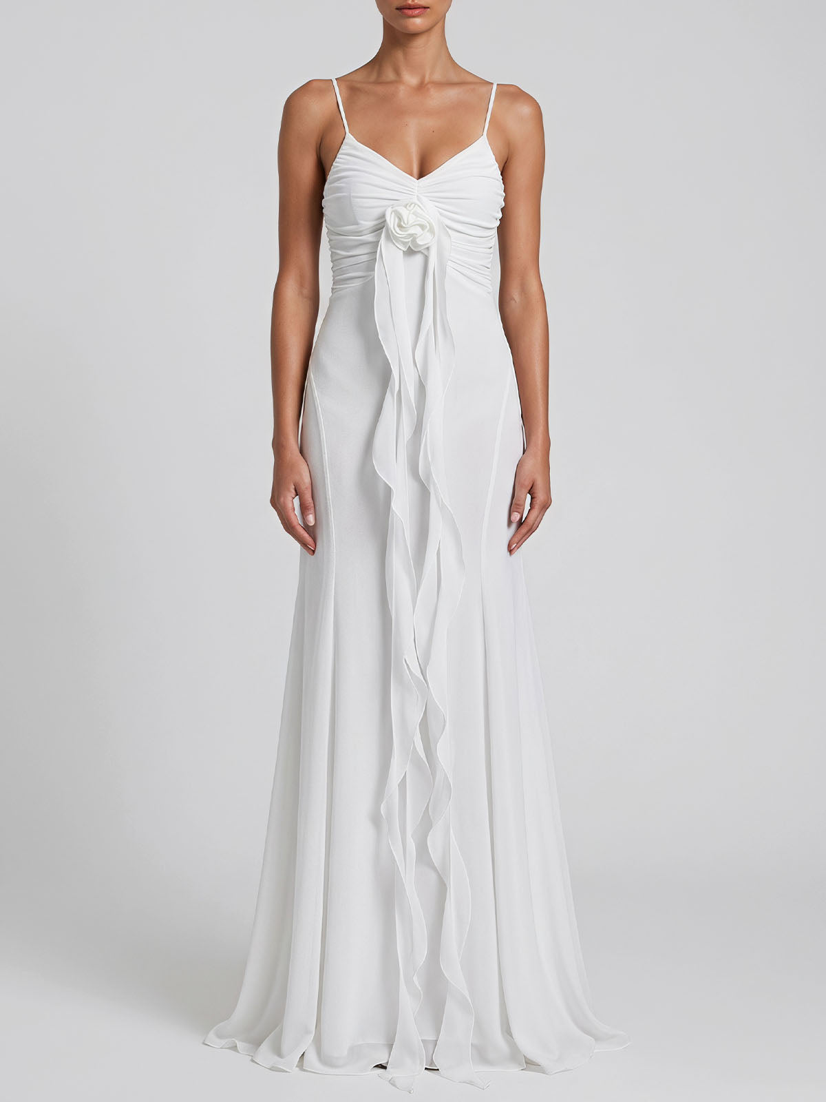 Flowy Deep V Ruched Chiffon Ruffle Flower Maxi Formal Sundress - White