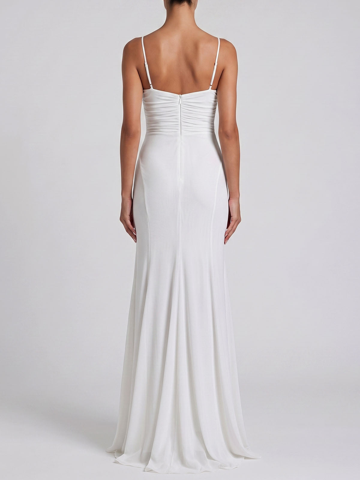 Flowy Deep V Ruched Chiffon Ruffle Flower Maxi Formal Sundress - White