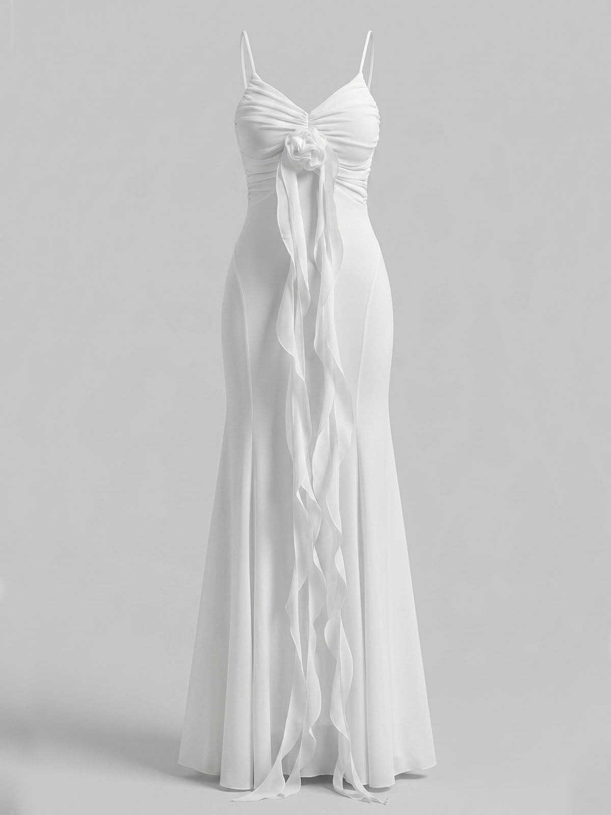 Flowy Deep V Ruched Chiffon Ruffle Flower Maxi Formal Sundress - White