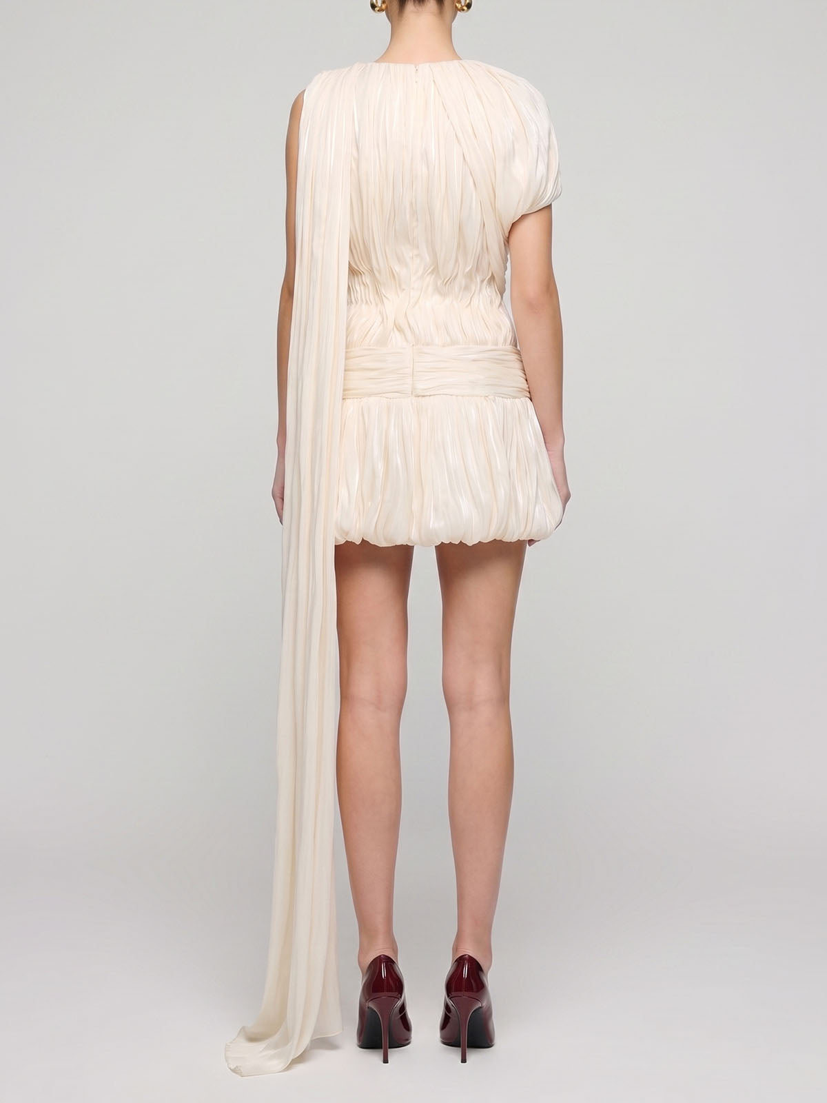 Flowy Draped Crew Neck Bubble Hem Chiffon Pleated Mini Dress - Beige