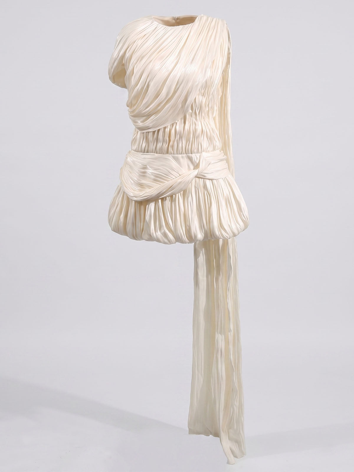 Flowy Draped Crew Neck Bubble Hem Chiffon Pleated Mini Dress - Beige