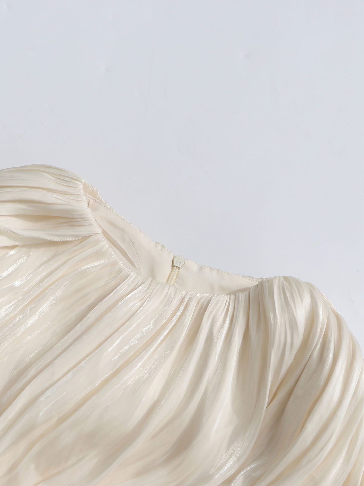 Flowy Draped Crew Neck Bubble Hem Chiffon Pleated Mini Dress - Beige