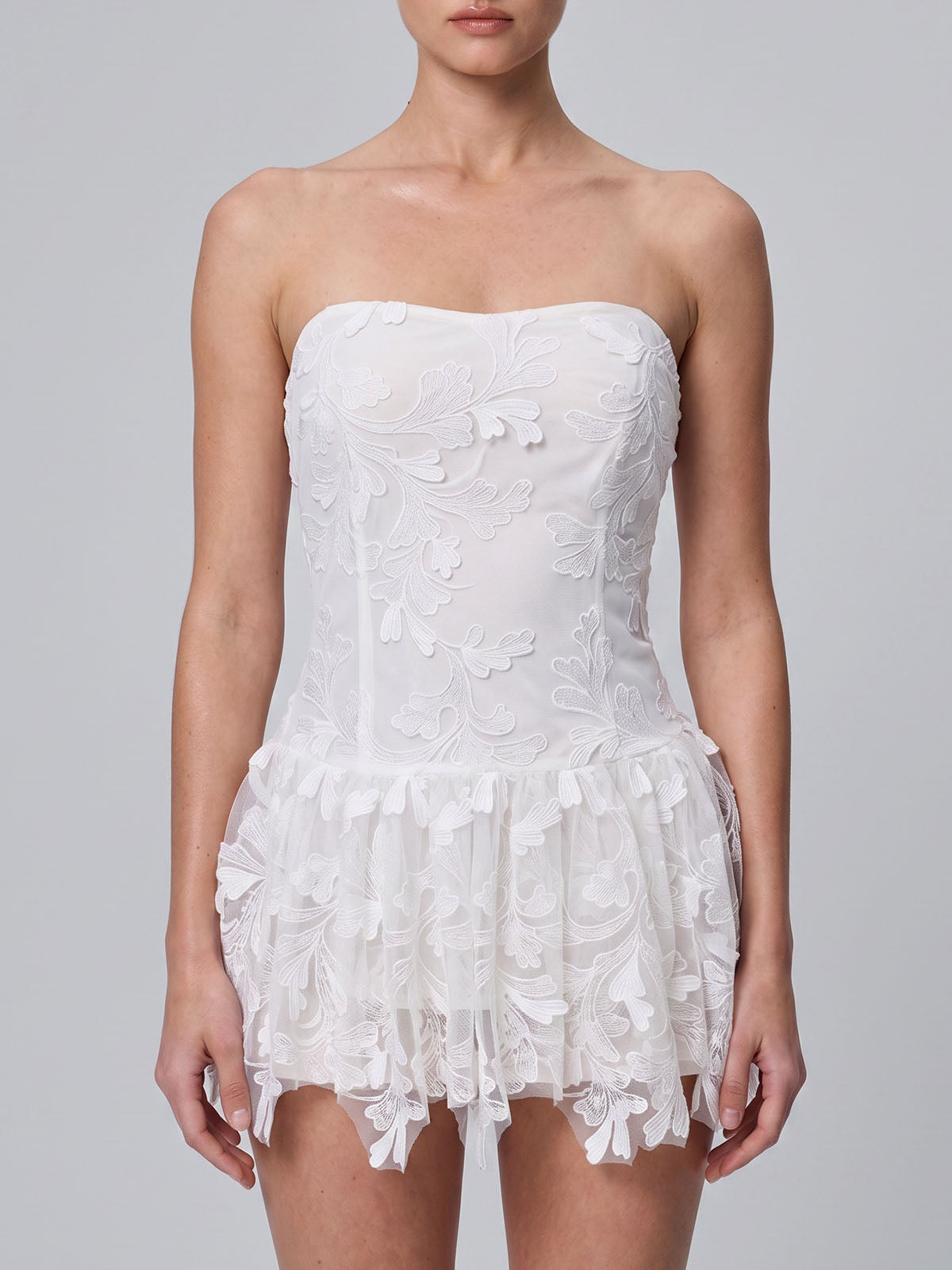 Flowy Floral Embroidered Strapless Homecoming Mini Dress - White