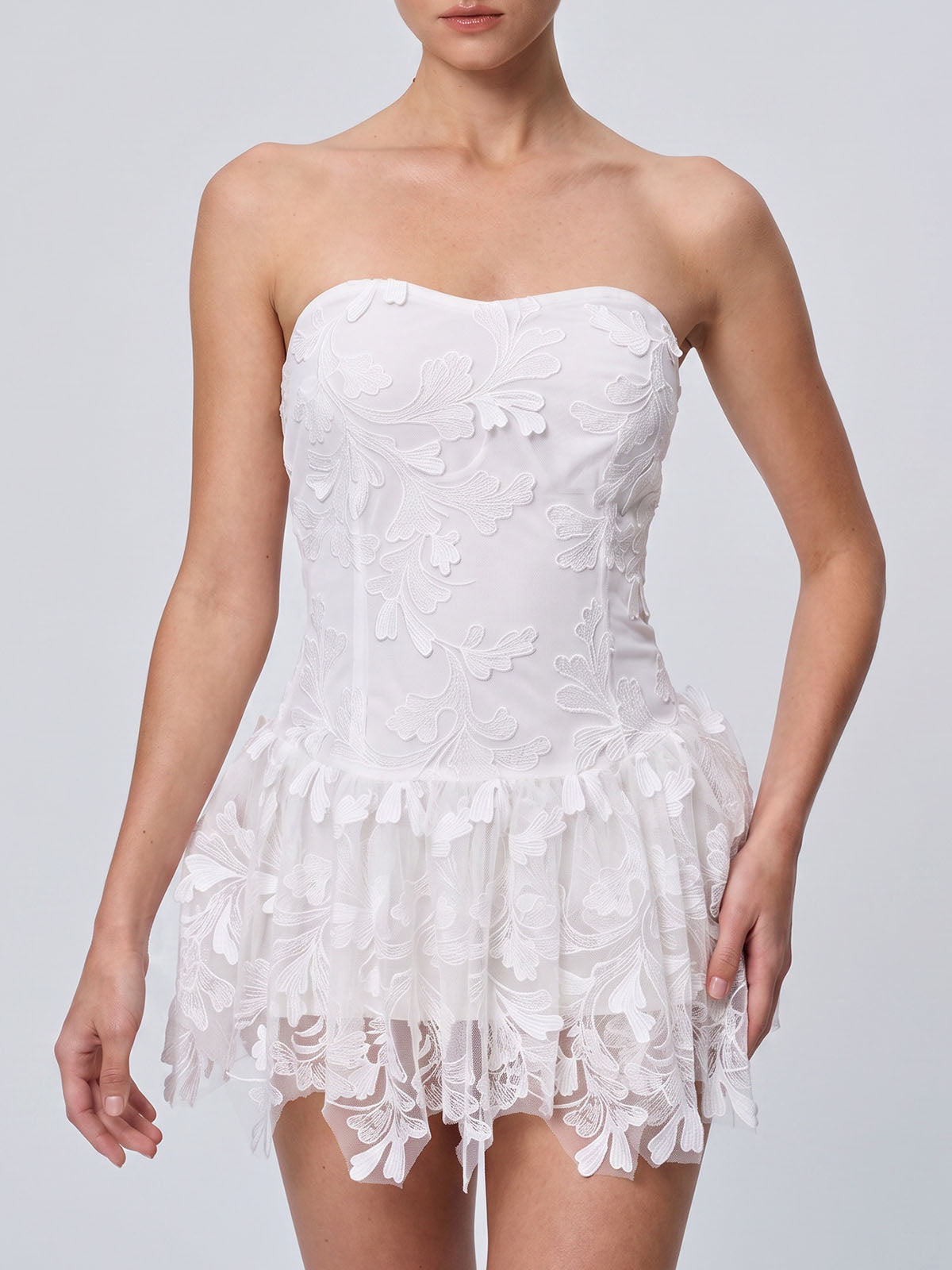 Flowy Floral Embroidered Strapless Homecoming Mini Dress - White