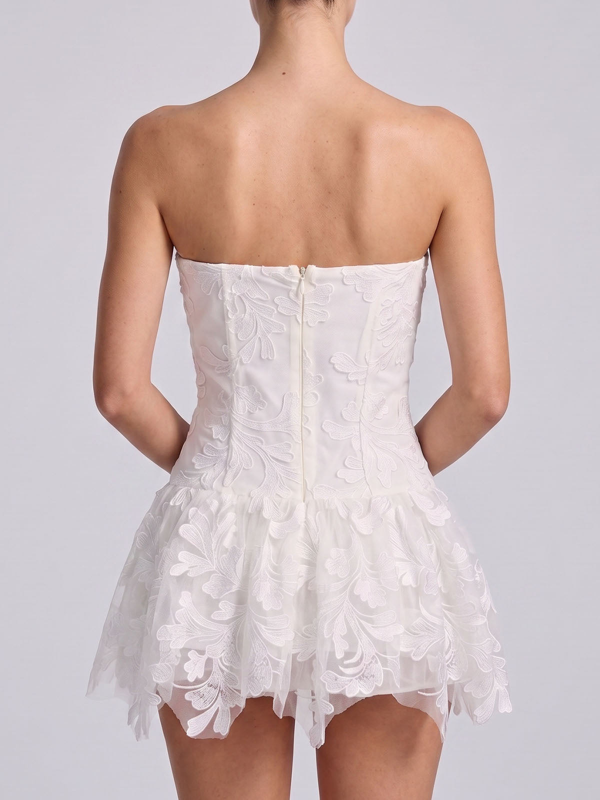 Flowy Floral Embroidered Strapless Homecoming Mini Dress - White