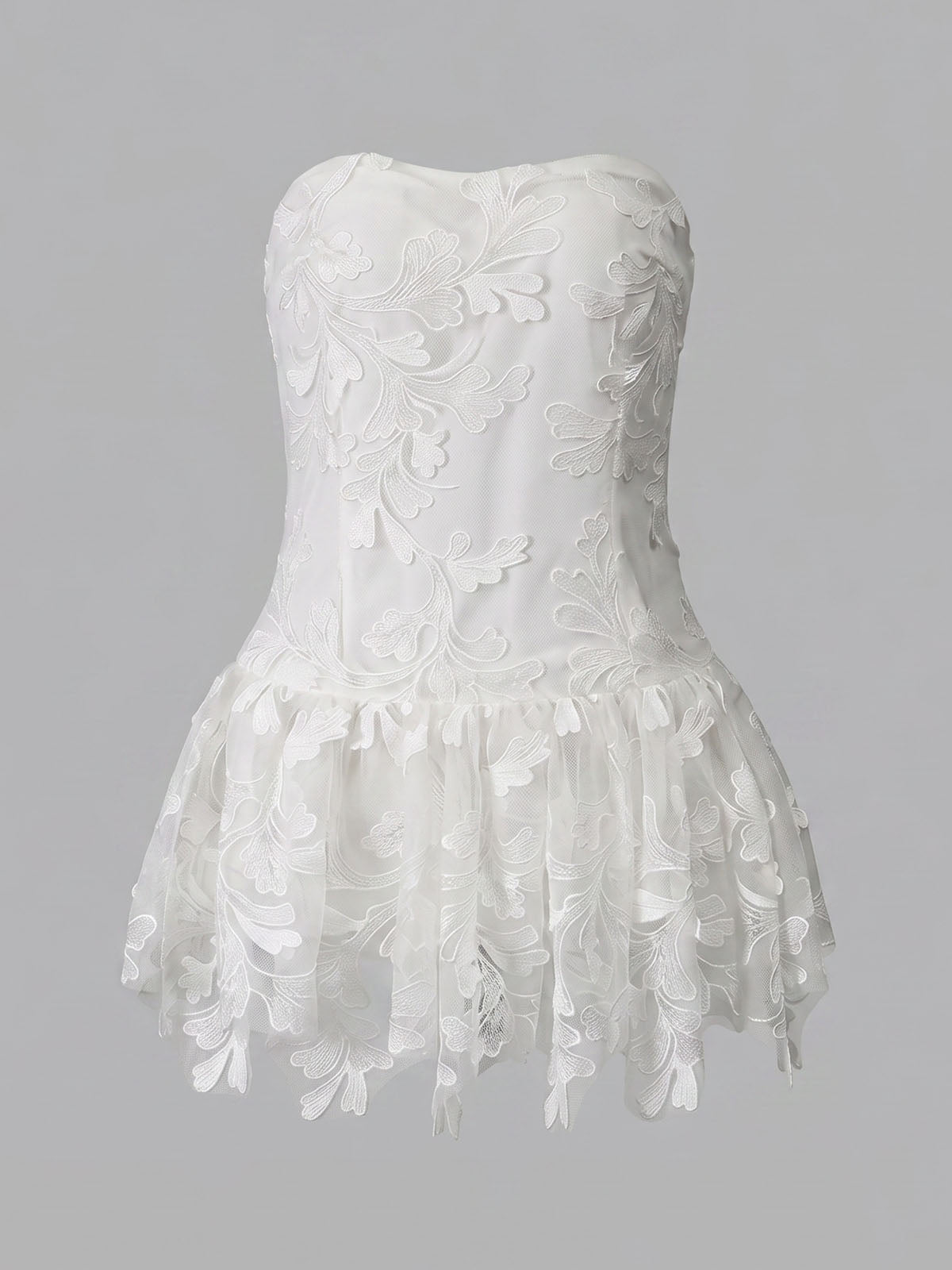 Flowy Floral Embroidered Strapless Homecoming Mini Dress - White