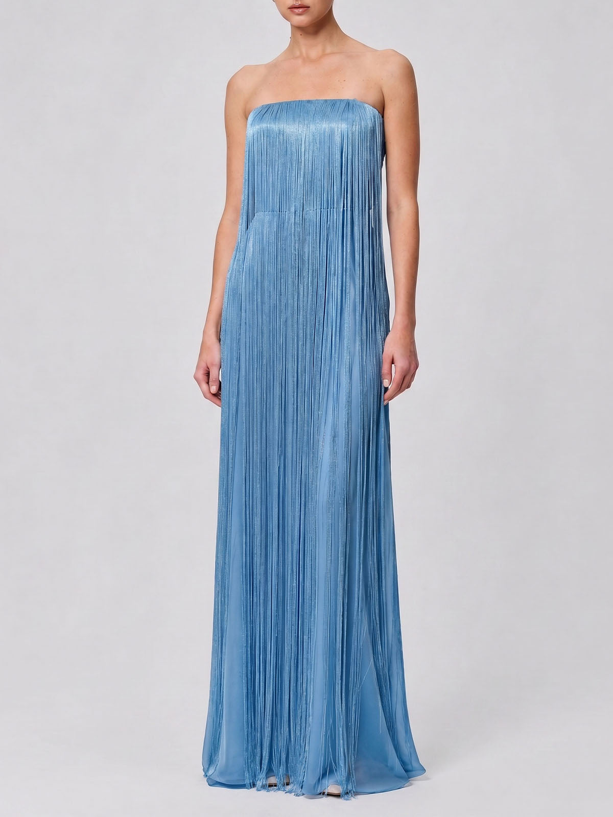 Flowy Fringe Strapless Sheath Silky Satin Prom Maxi Dress - Blue