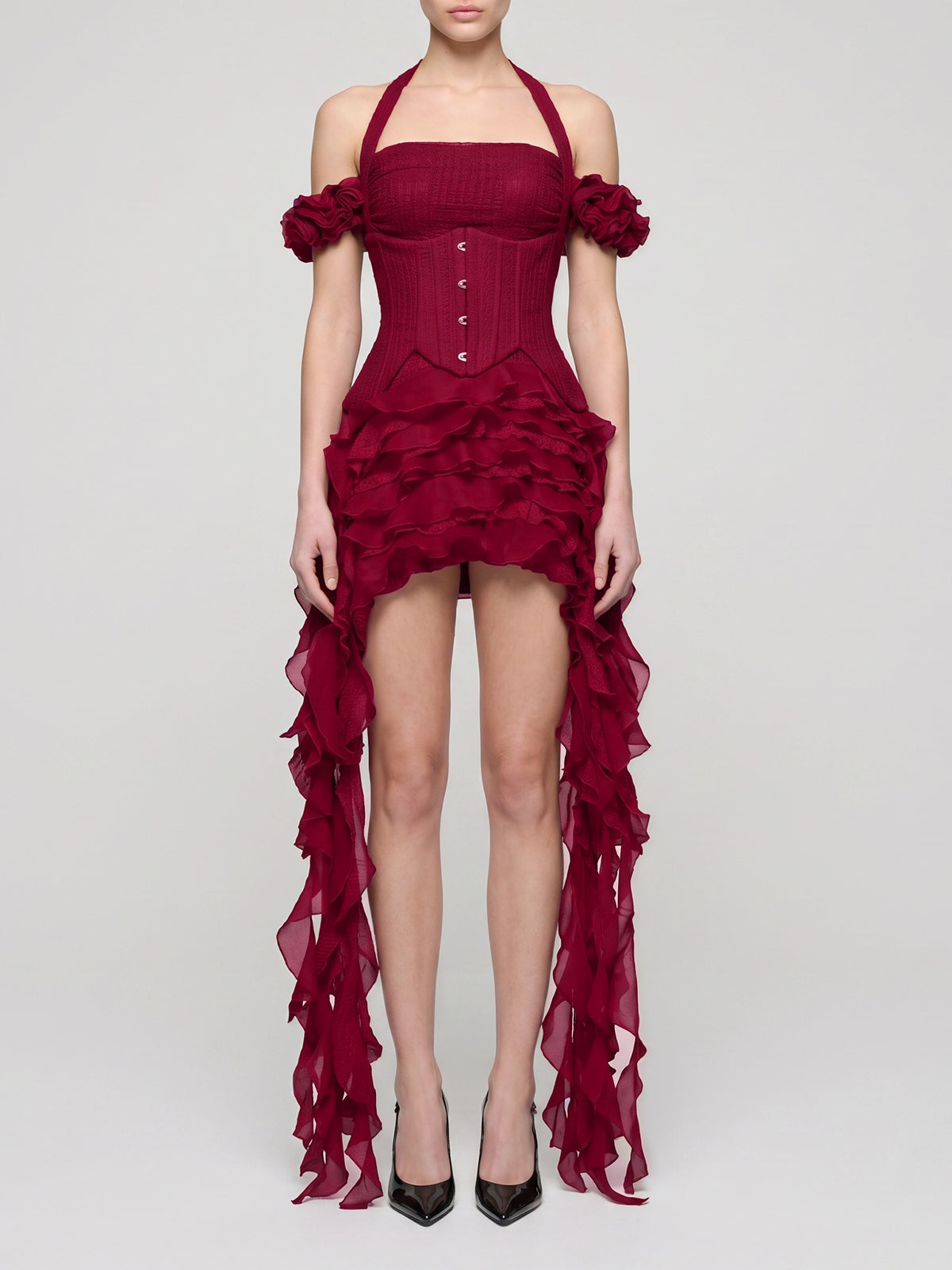 Flowy Halter Lace Up Back Tiered Ruffle Fringe Mini Dress - Burgundy