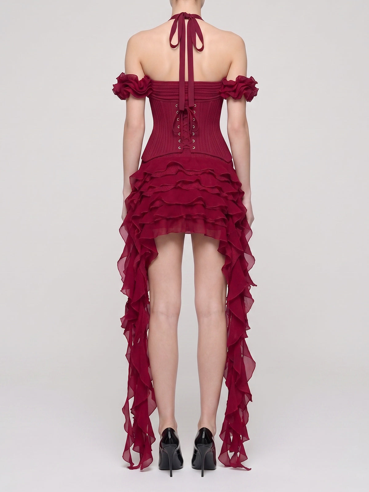 Flowy Halter Lace Up Back Tiered Ruffle Fringe Mini Dress - Burgundy
