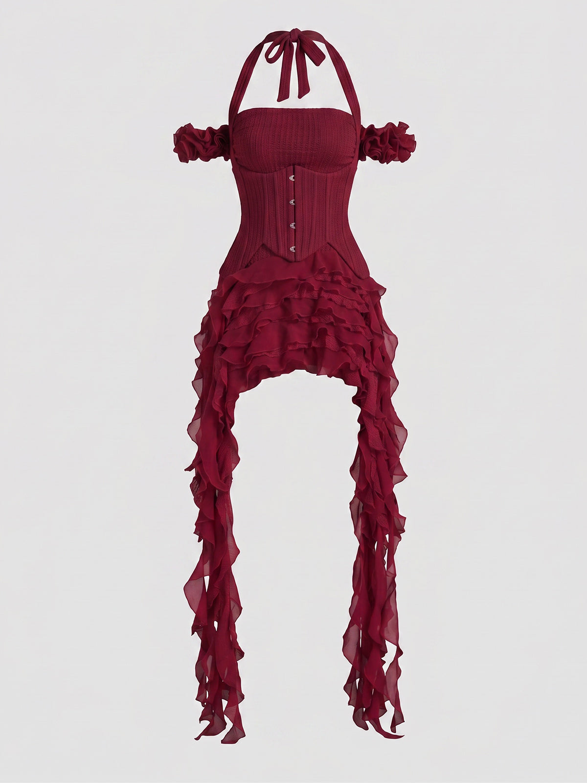 Flowy Halter Lace Up Back Tiered Ruffle Fringe Mini Dress - Burgundy