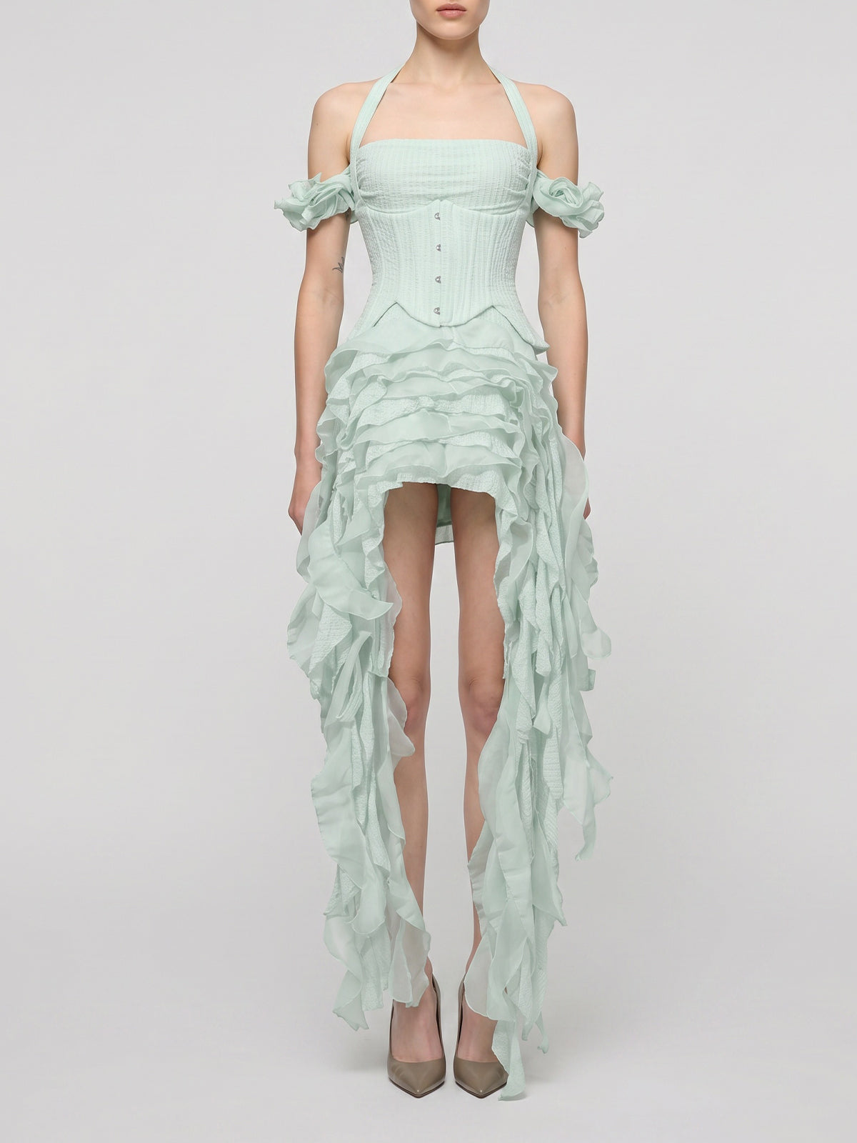 Flowy Halter Lace Up Back Tiered Ruffle Fringe Mini Dress - Mint Green