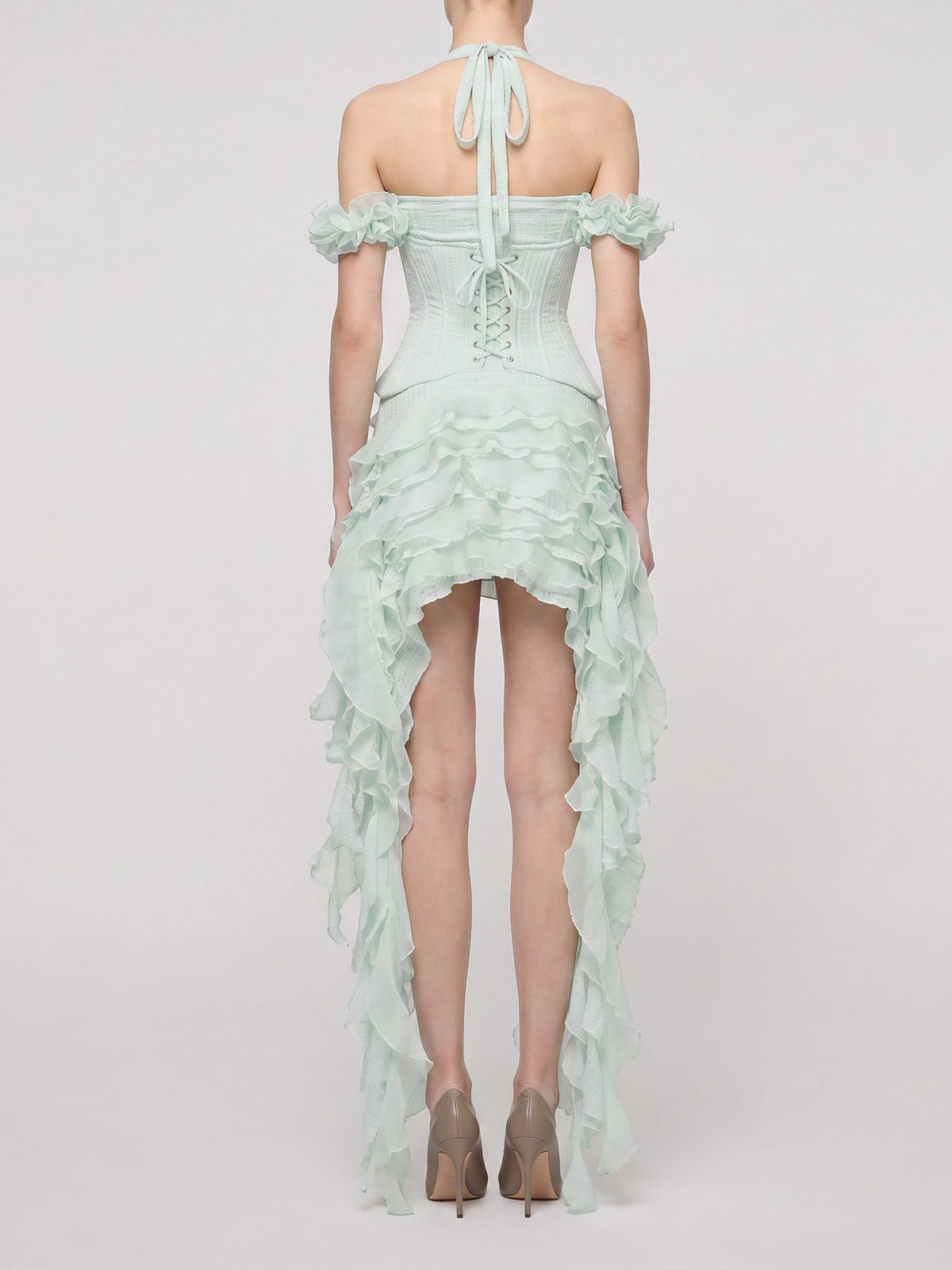 Flowy Halter Lace Up Back Tiered Ruffle Fringe Mini Dress - Mint Green