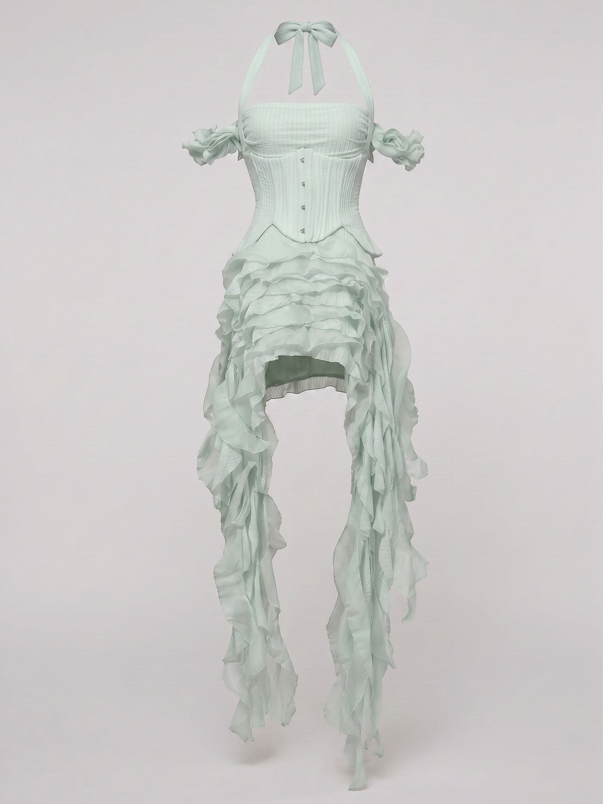 Flowy Halter Lace Up Back Tiered Ruffle Fringe Mini Dress - Mint Green