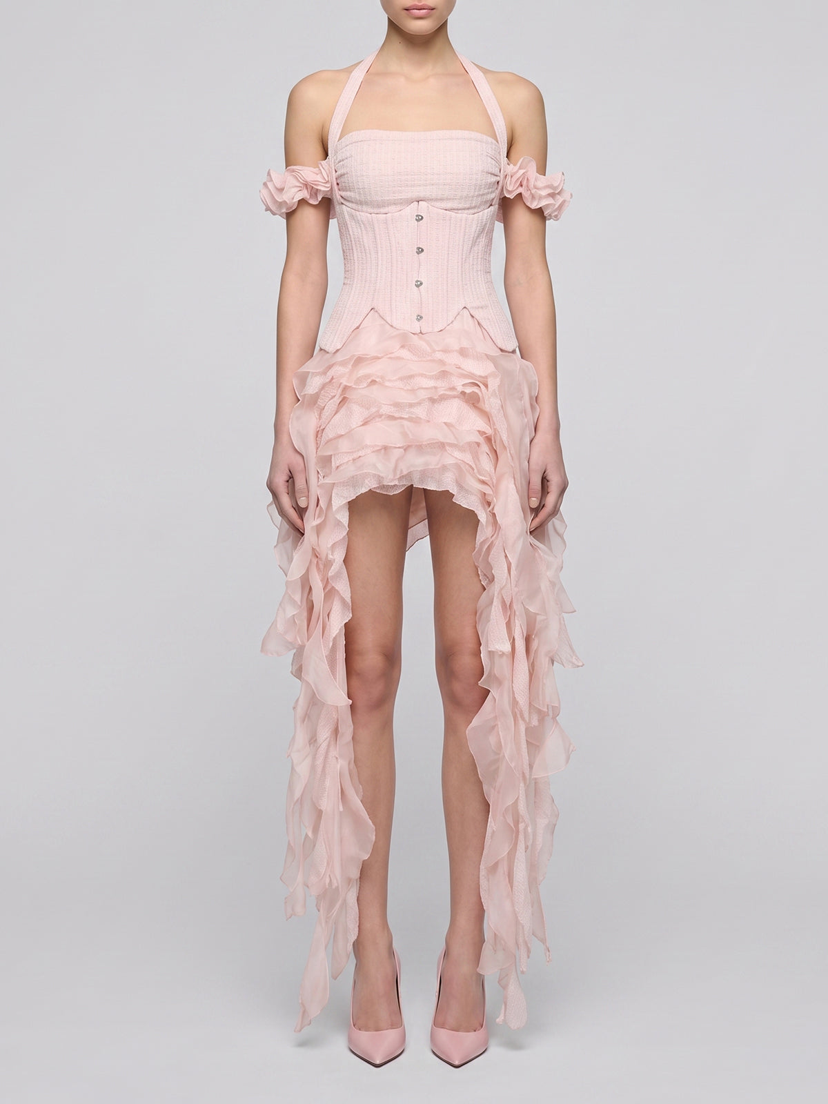 Flowy Halter Lace Up Back Tiered Ruffle Fringe Mini Dress - Pink