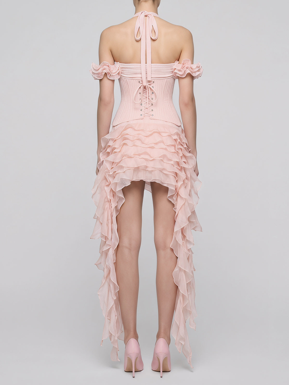 Flowy Halter Lace Up Back Tiered Ruffle Fringe Mini Dress - Pink