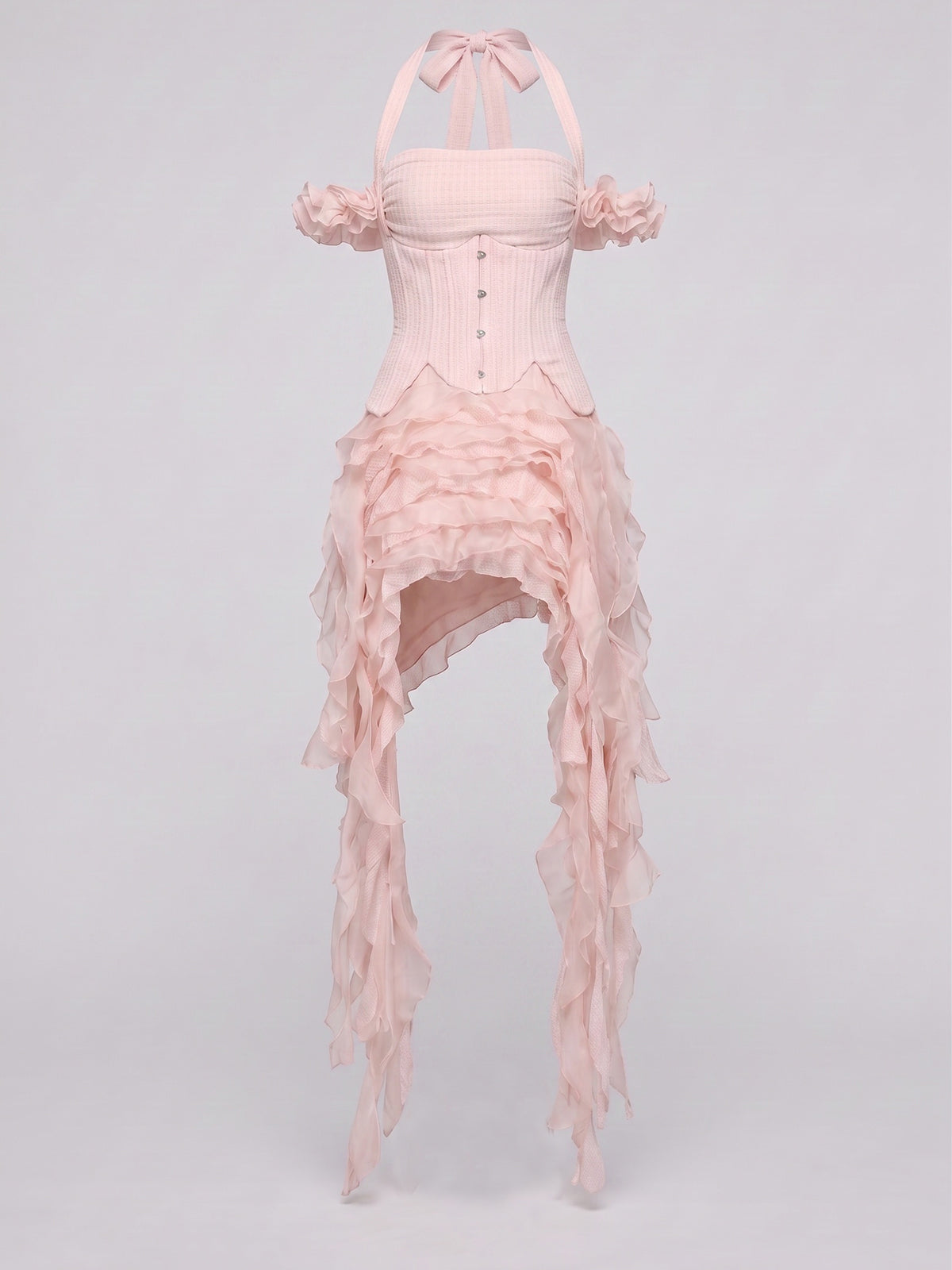 Flowy Halter Lace Up Back Tiered Ruffle Fringe Mini Dress - Pink