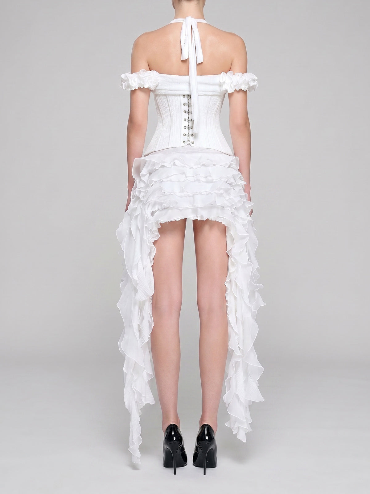 Flowy Halter Lace Up Back Tiered Ruffle Fringe Mini Dress - White
