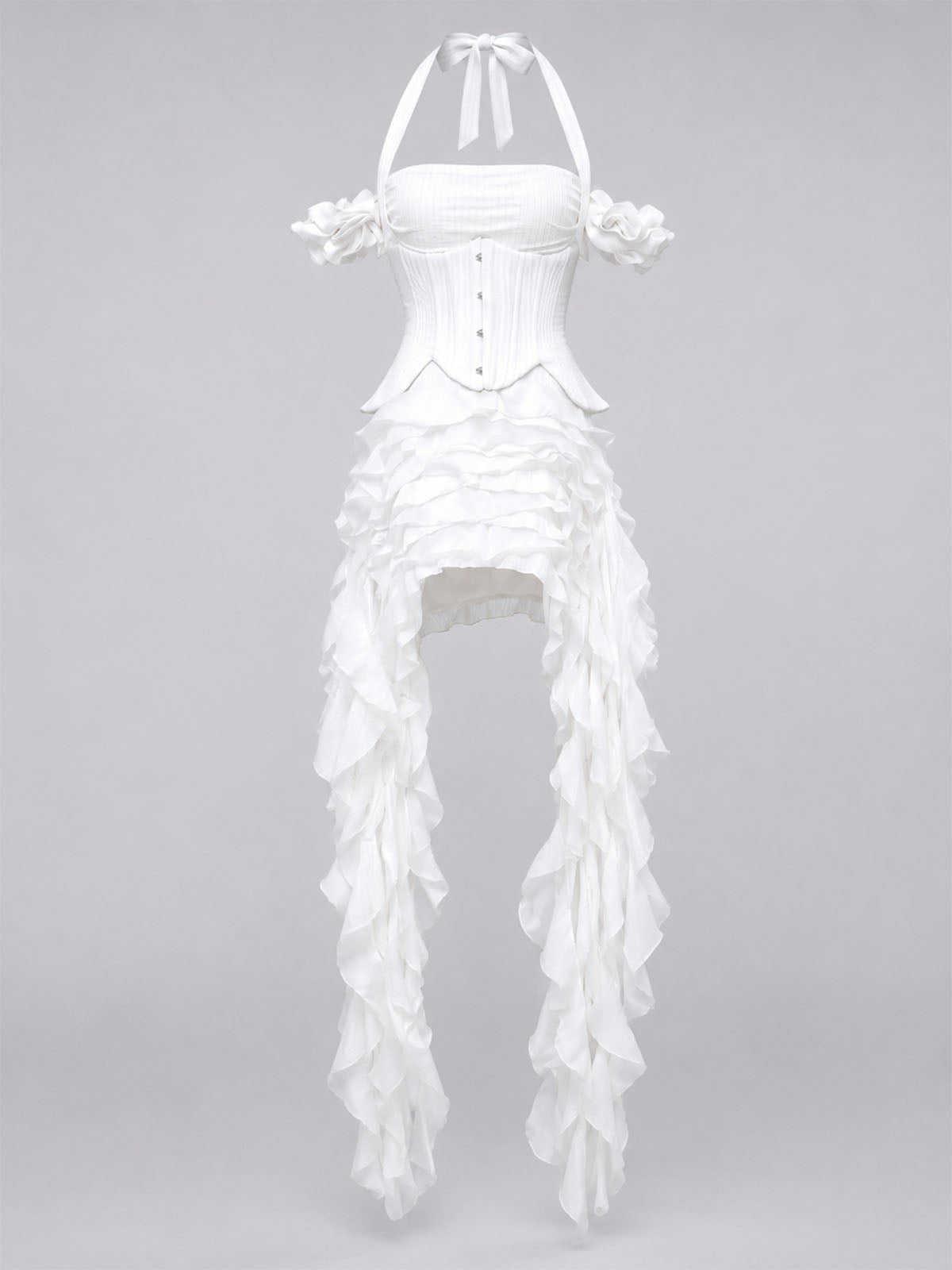 Flowy Halter Lace Up Back Tiered Ruffle Fringe Mini Dress - White
