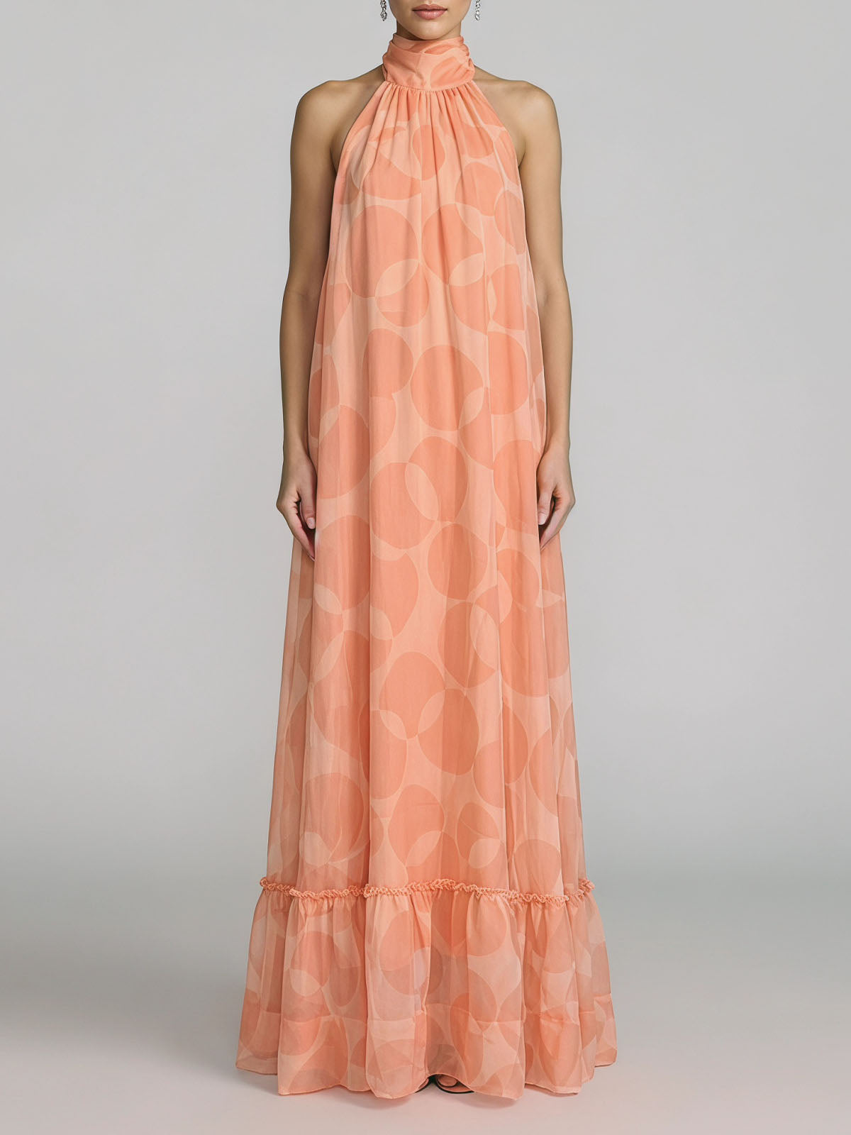 Flowy Halter Tie Backless A Line Printed Chiffon Maxi Dress - Orange