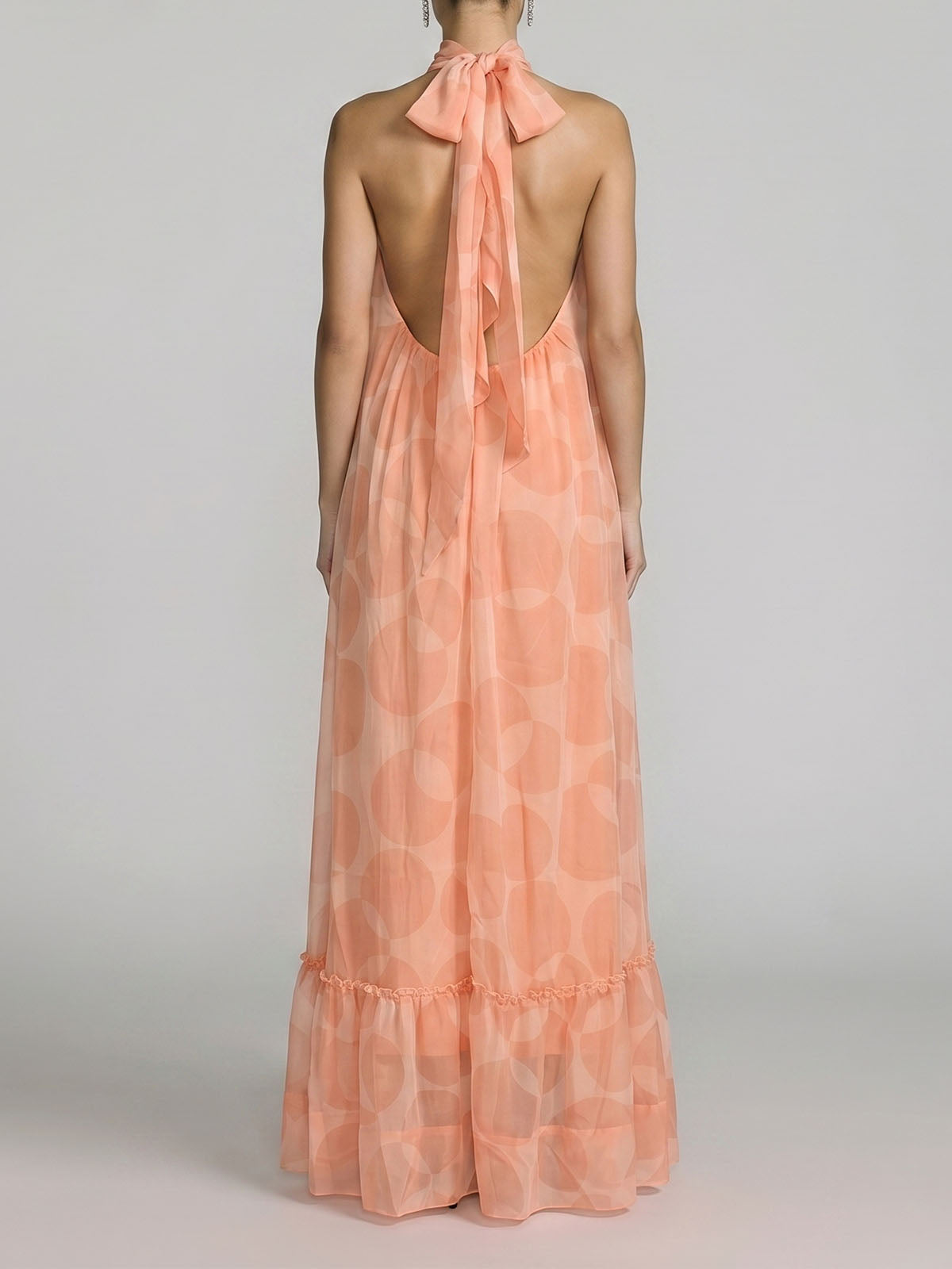 Flowy Halter Tie Backless A Line Printed Chiffon Maxi Dress - Orange
