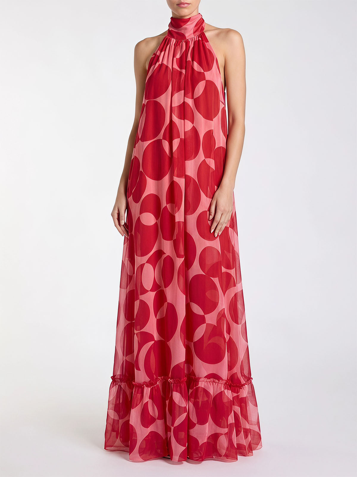 Flowy Halter Tie Backless A Line Printed Chiffon Maxi Dress - Red