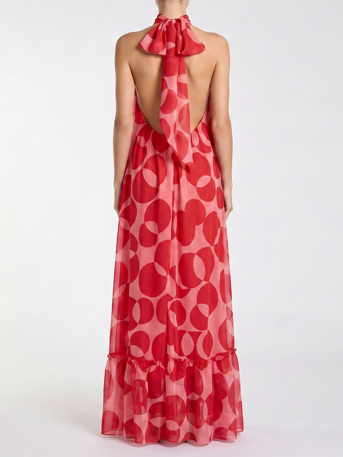 Flowy Halter Tie Backless A Line Printed Chiffon Maxi Dress - Red