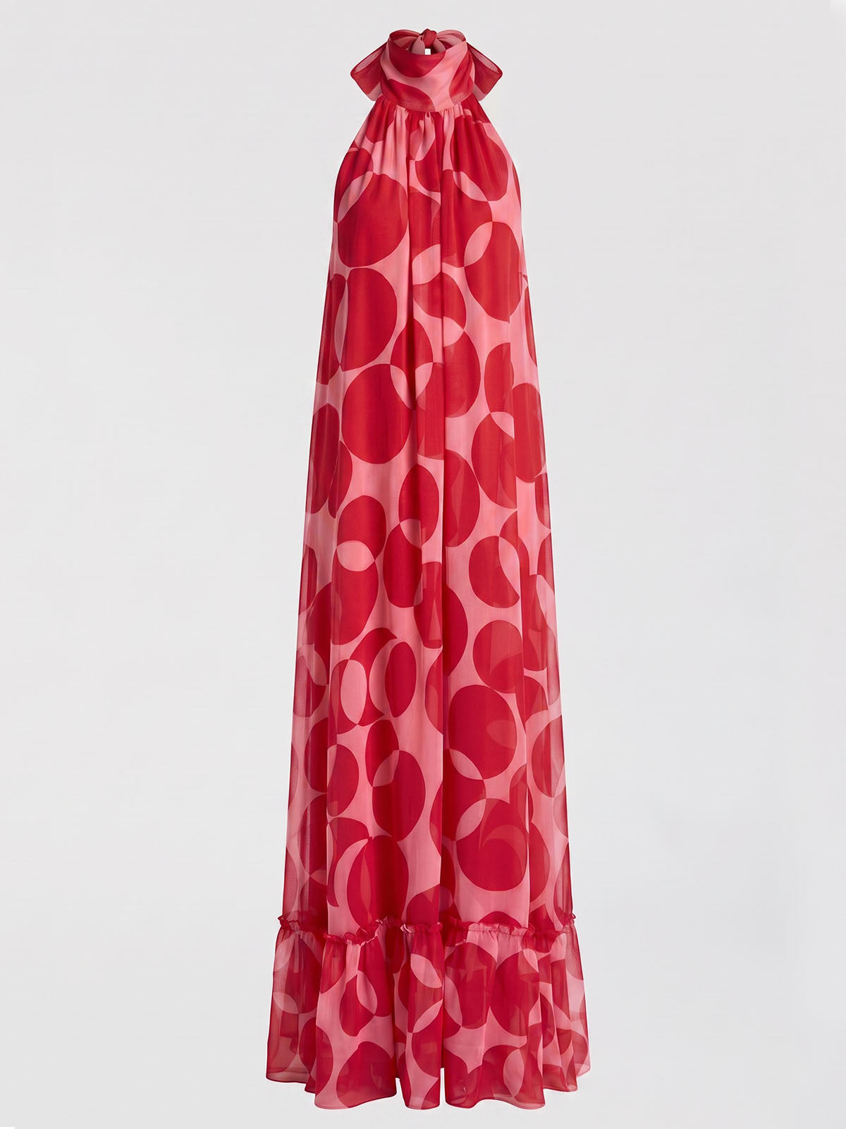 Flowy Halter Tie Backless A Line Printed Chiffon Maxi Dress - Red
