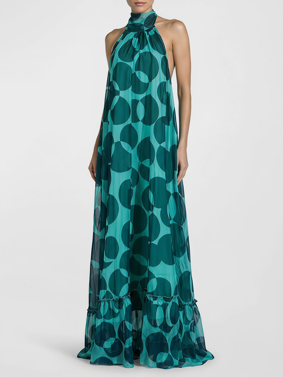Flowy Halter Tie Backless A Line Printed Chiffon Maxi Dress - Turquoise