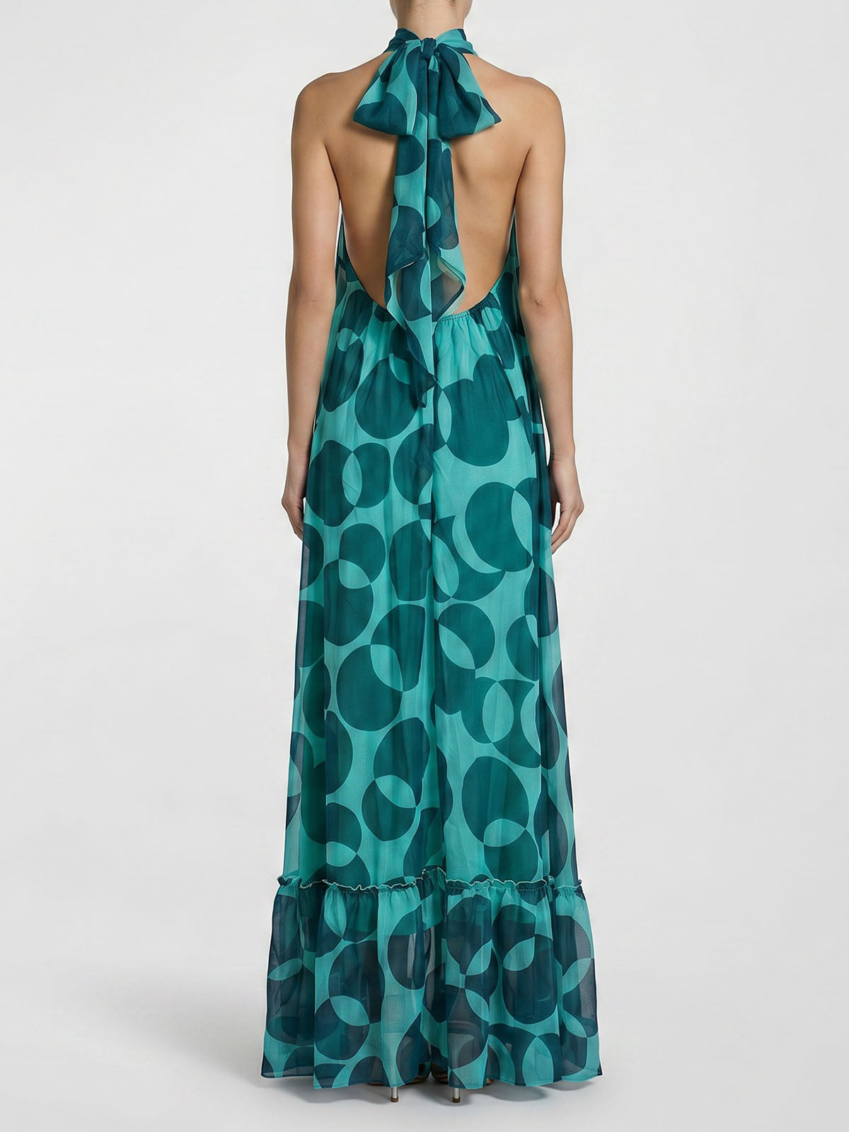 Flowy Halter Tie Backless A Line Printed Chiffon Maxi Dress - Turquoise