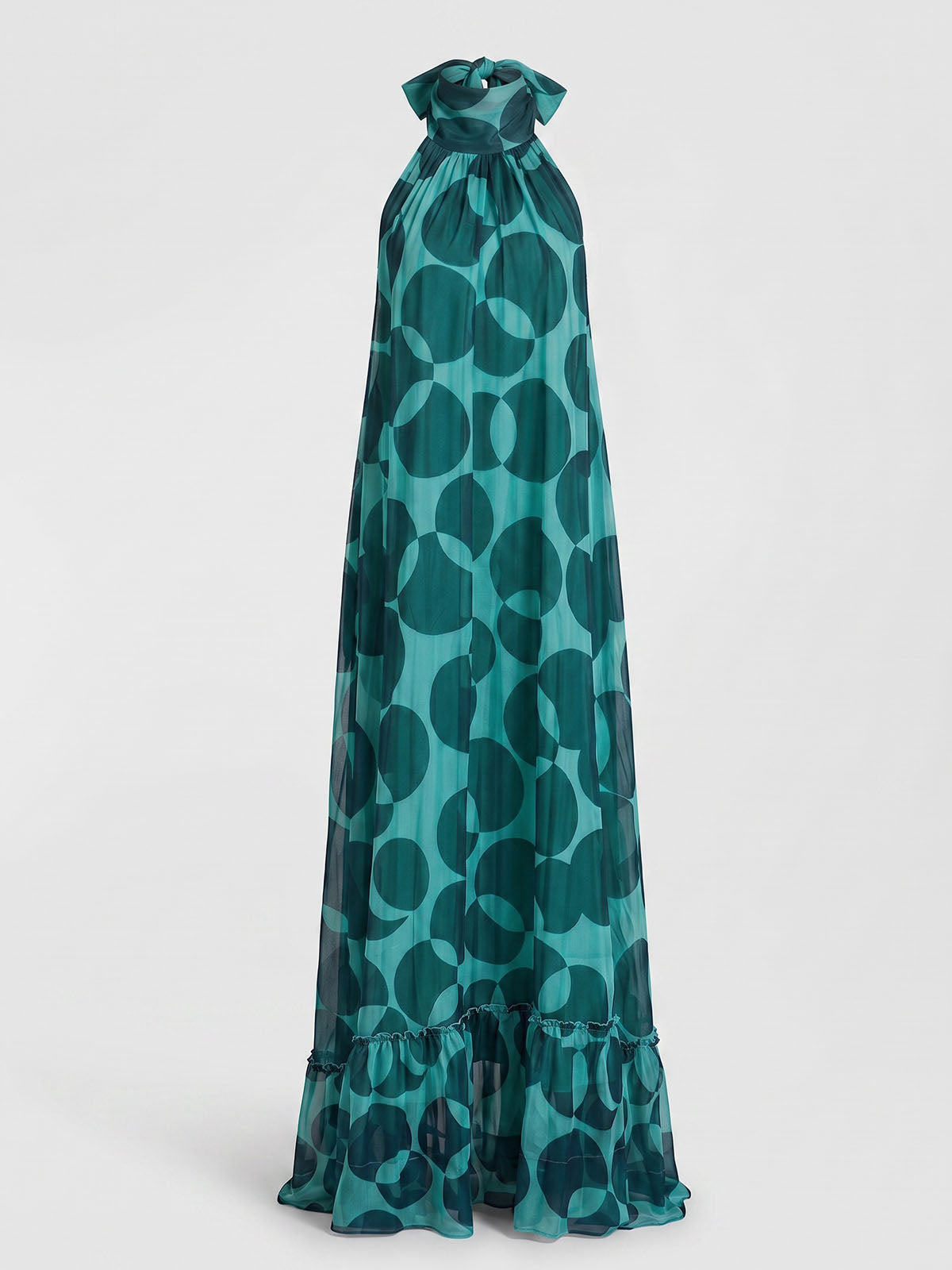 Flowy Halter Tie Backless A Line Printed Chiffon Maxi Dress - Turquoise
