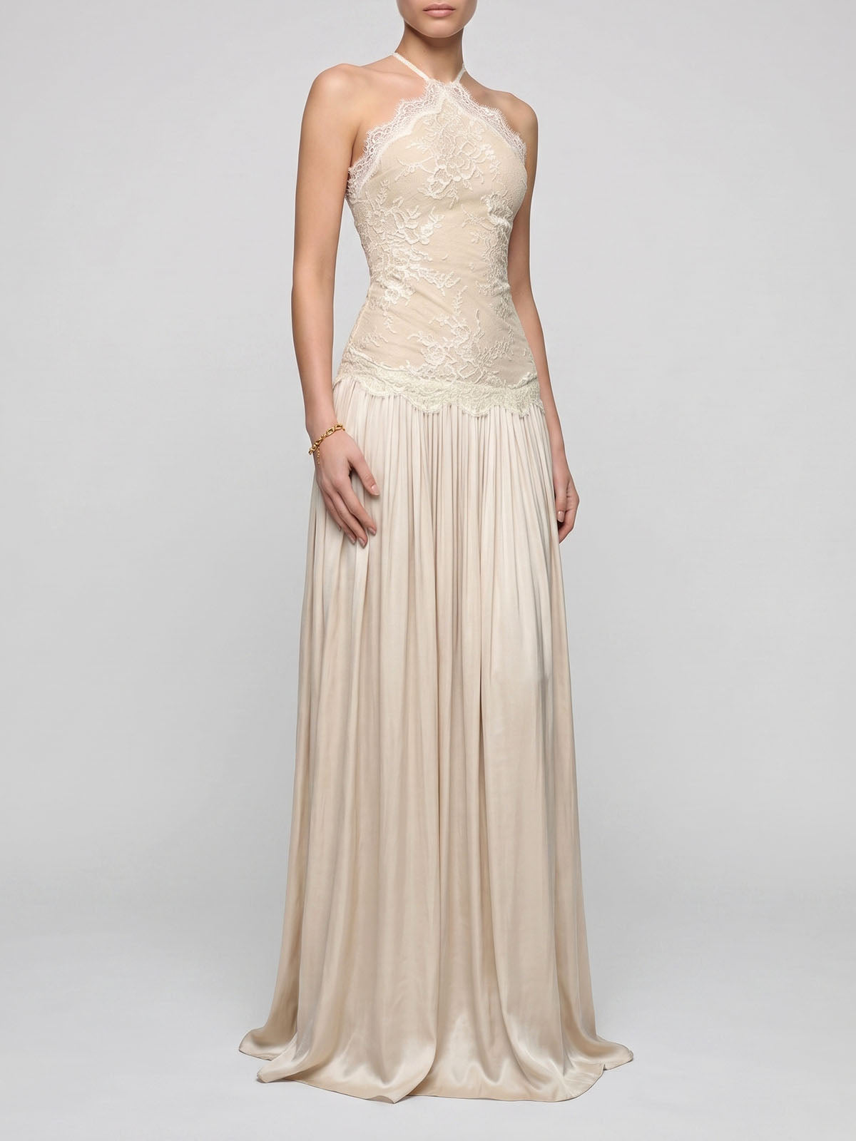 Flowy High Neck Sleeveless Ruched Lace Maxi Formal Dress - Nude