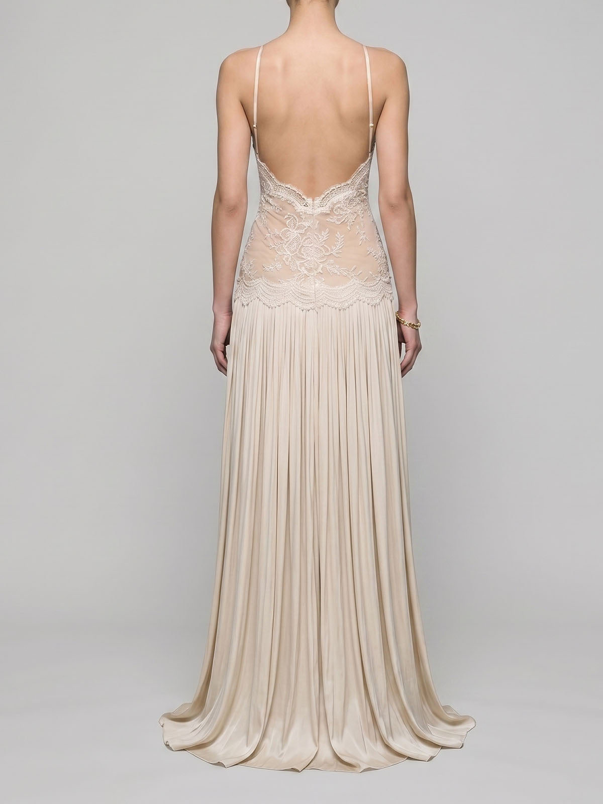 Flowy High Neck Sleeveless Ruched Lace Maxi Formal Dress - Nude