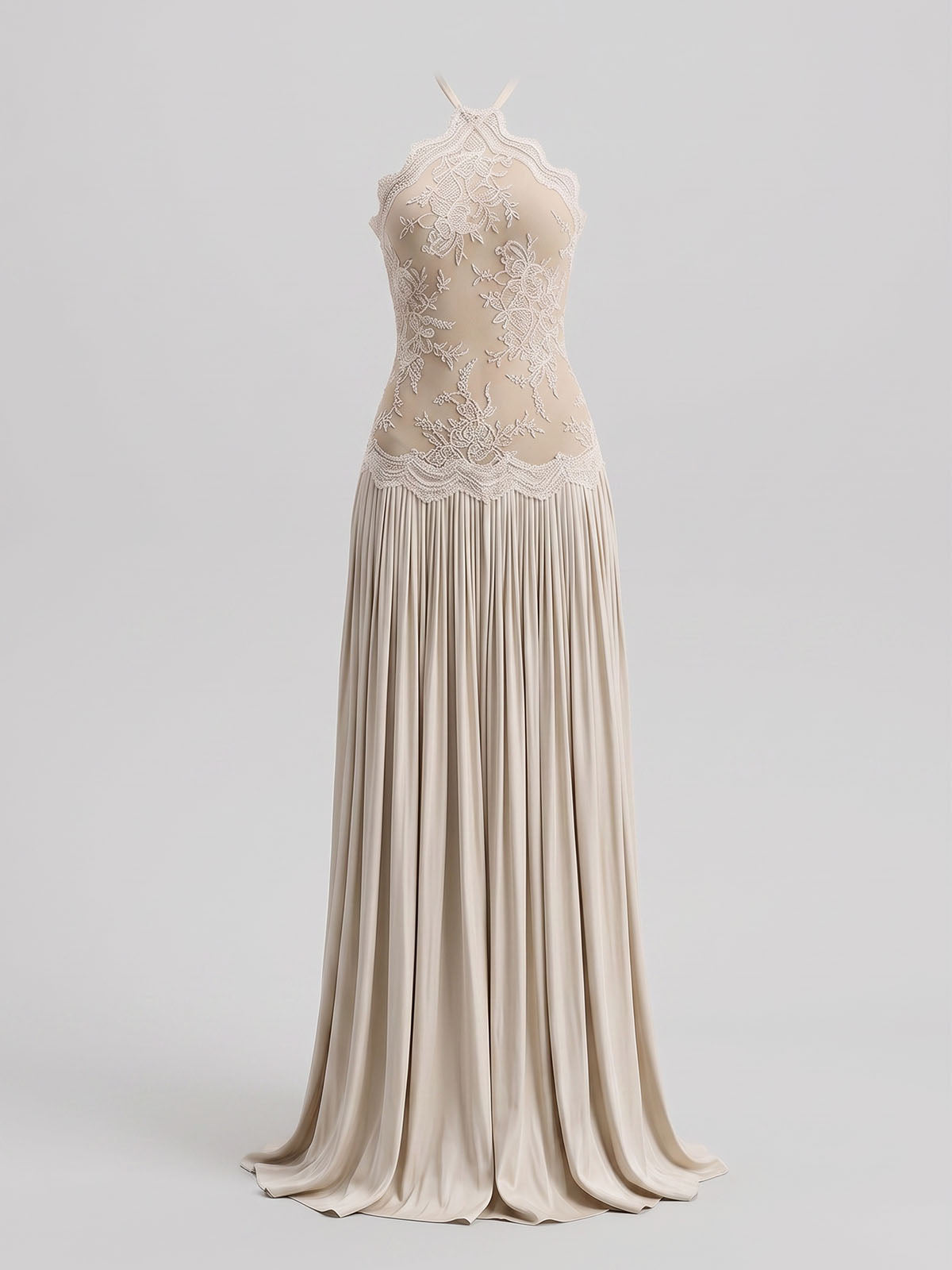 Flowy High Neck Sleeveless Ruched Lace Maxi Formal Dress - Nude
