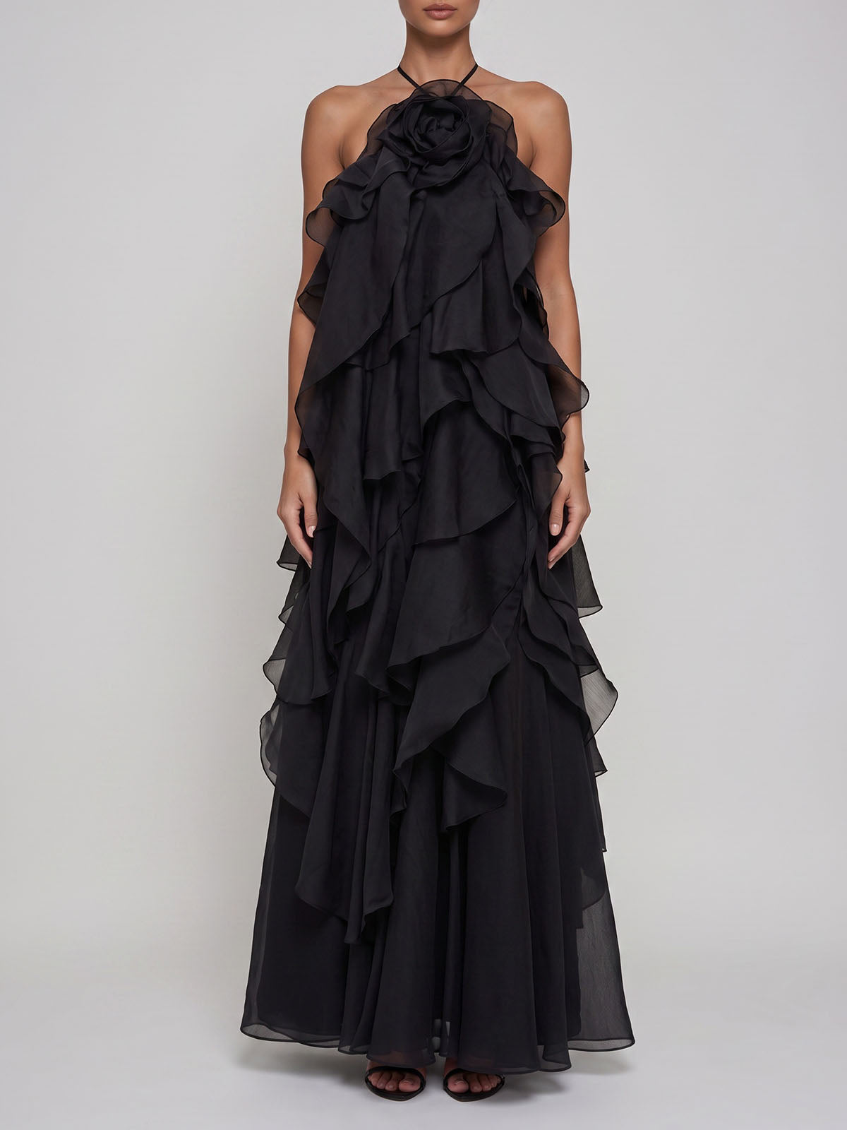 Flowy Lace Up Back Ruffled Tiered 3D Flower Maxi Dress - Black