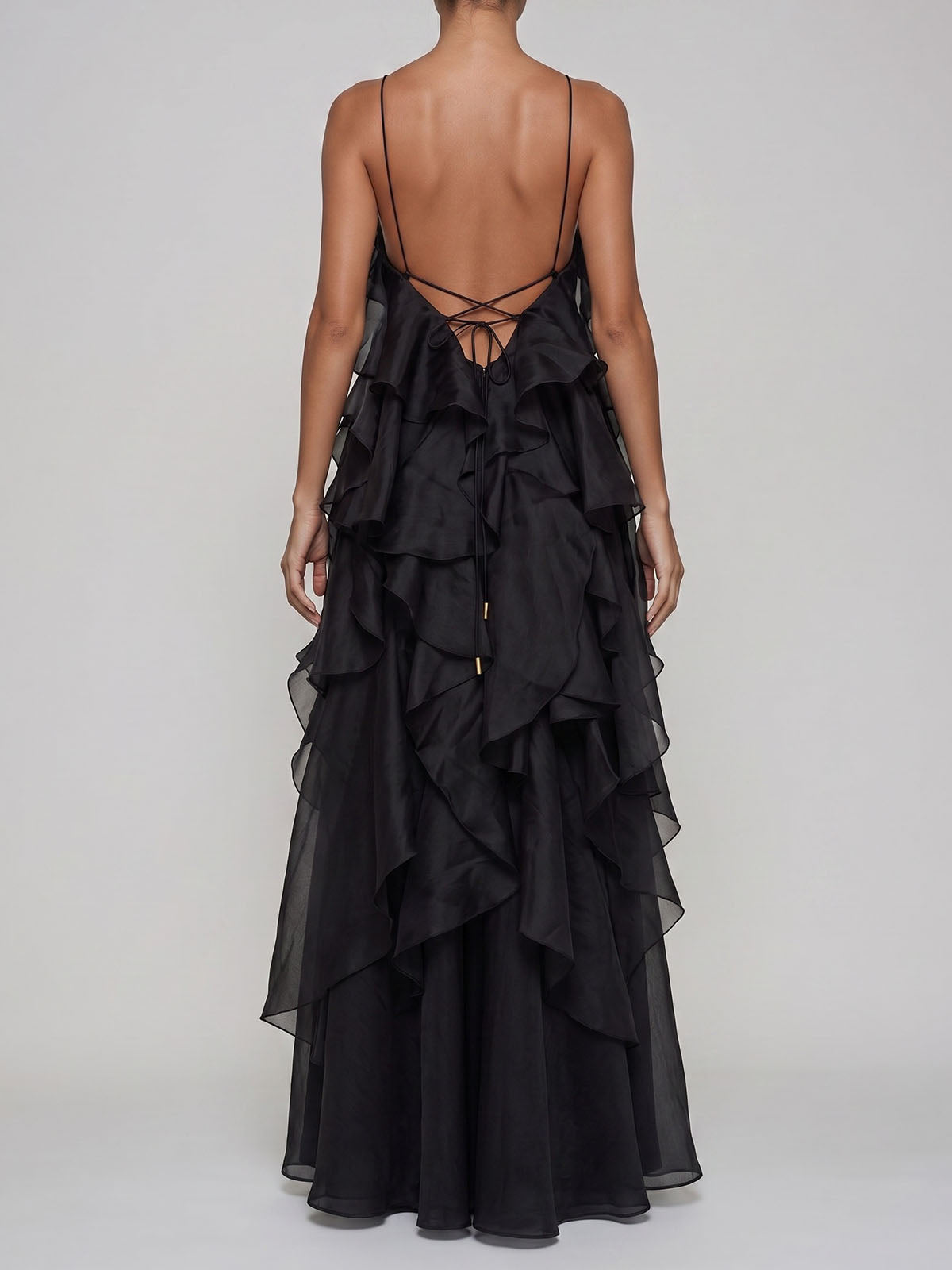 Flowy Lace Up Back Ruffled Tiered 3D Flower Maxi Dress - Black