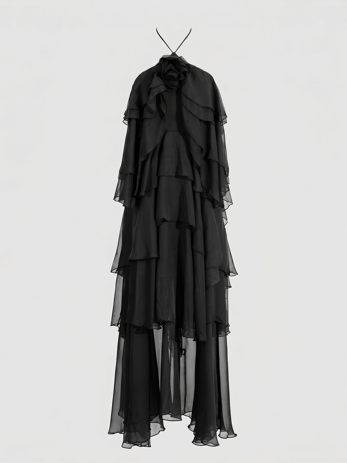 Flowy Lace Up Back Ruffled Tiered 3D Flower Maxi Dress - Black