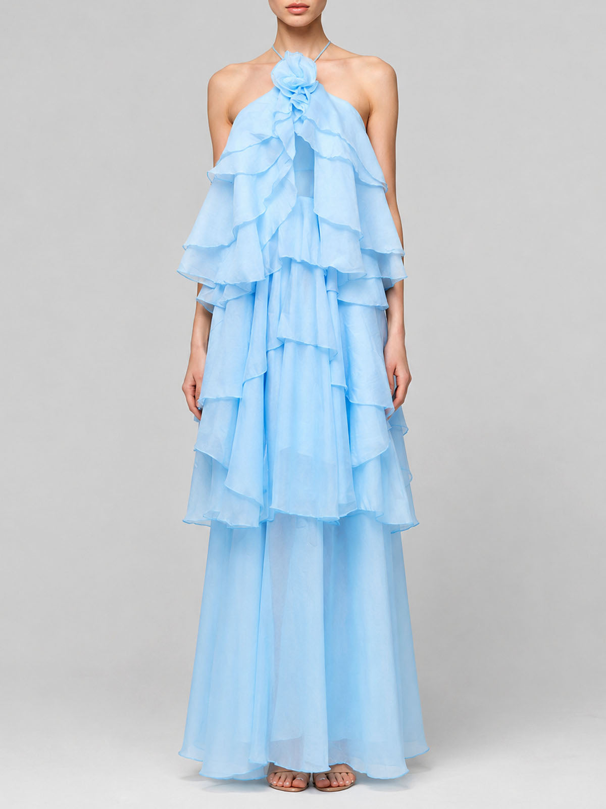 Flowy Lace Up Back Ruffled Tiered 3D Flower Maxi Dress - Light Blue