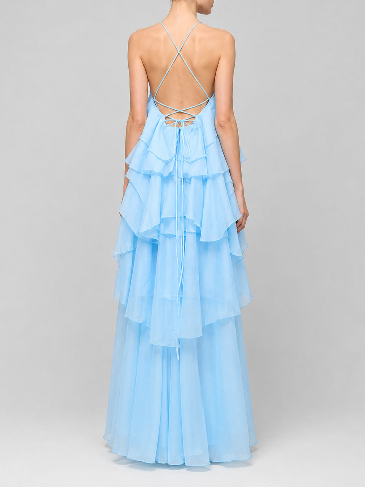 Flowy Lace Up Back Ruffled Tiered 3D Flower Maxi Dress - Light Blue