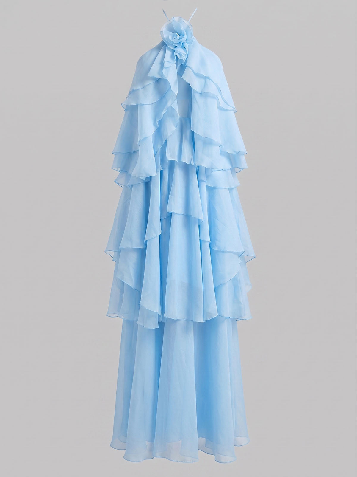 Flowy Lace Up Back Ruffled Tiered 3D Flower Maxi Dress - Light Blue