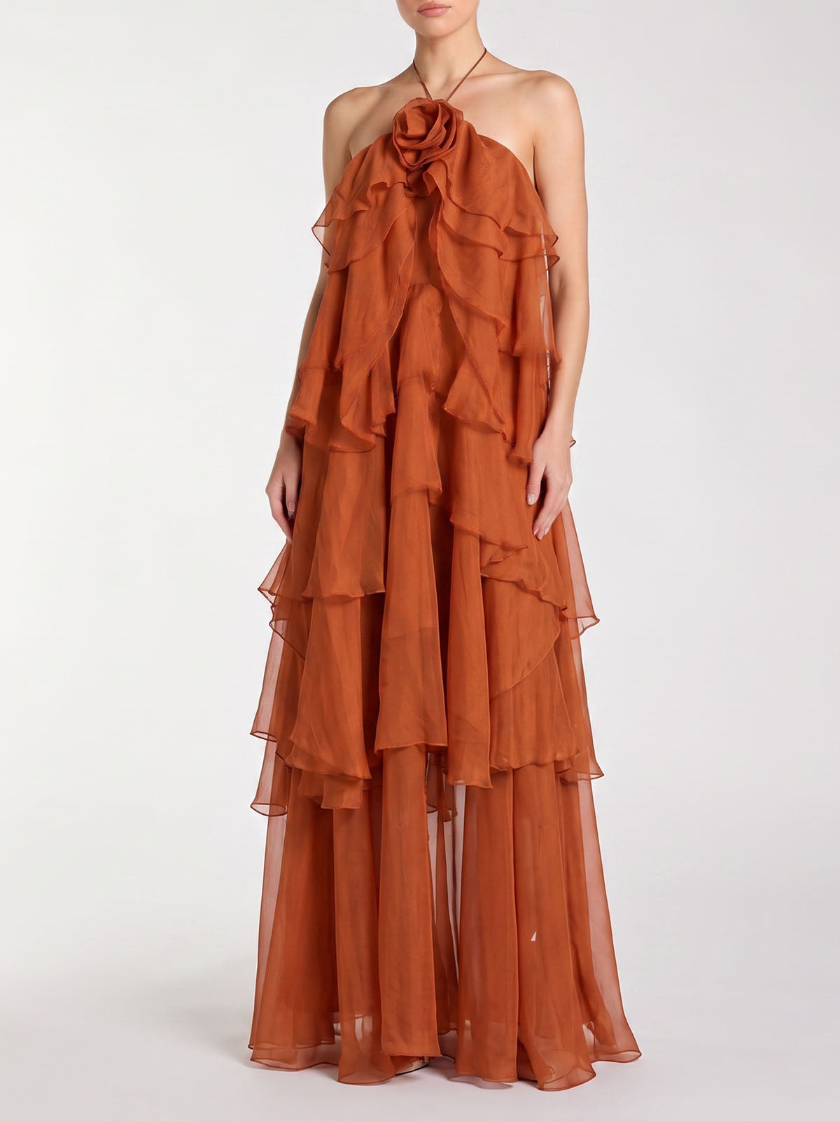 Flowy Lace Up Back Ruffled Tiered 3D Flower Maxi Dress - Orange