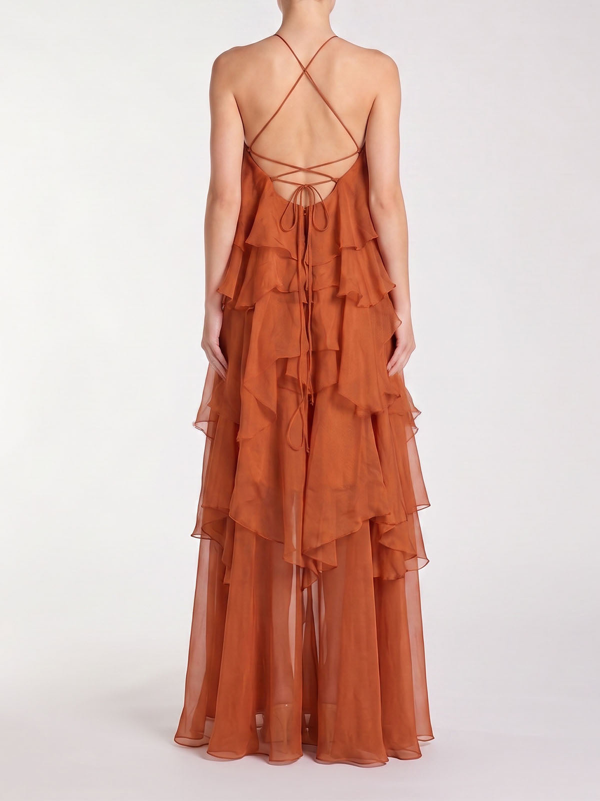 Flowy Lace Up Back Ruffled Tiered 3D Flower Maxi Dress - Orange