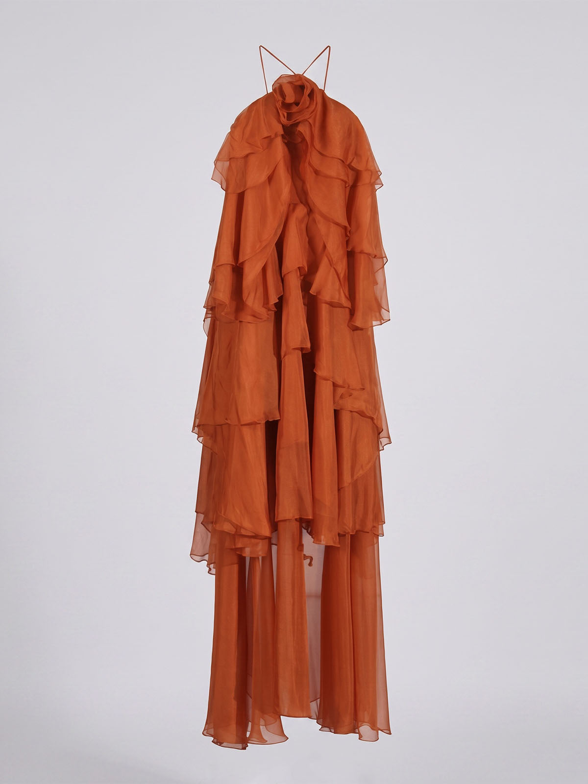 Flowy Lace Up Back Ruffled Tiered 3D Flower Maxi Dress - Orange